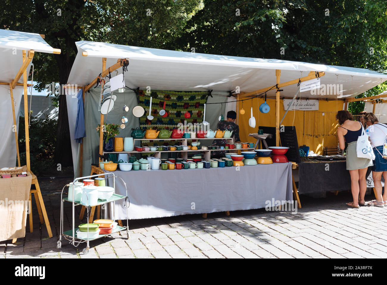 Berlin, Germany - July 27, 2019: Potery market stall in Hackescher Markt in Mitte Stock Photo