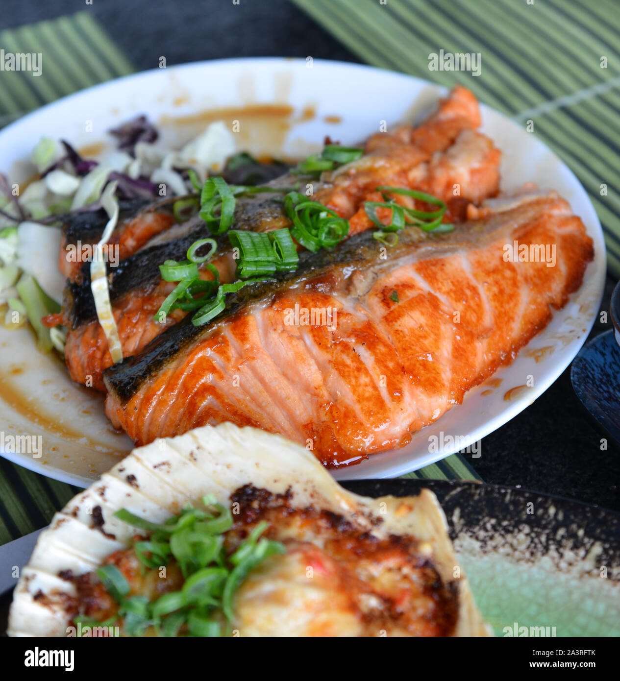 Grilled salmon Japanese style for lunch at luxury restaurant Stock