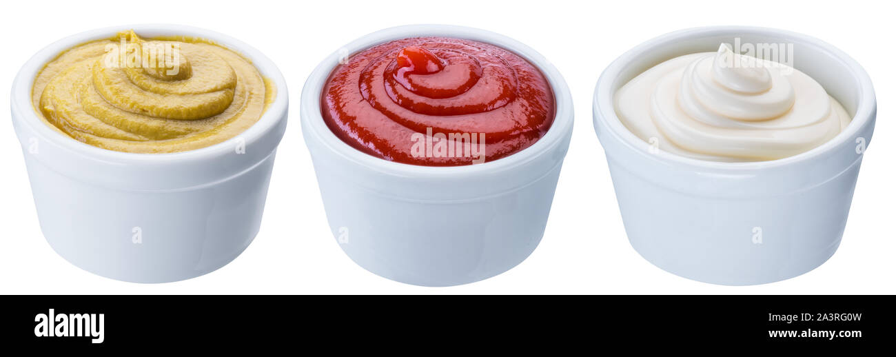 Mayonnaise, mustard and tomato sauces in white bowls. File contains