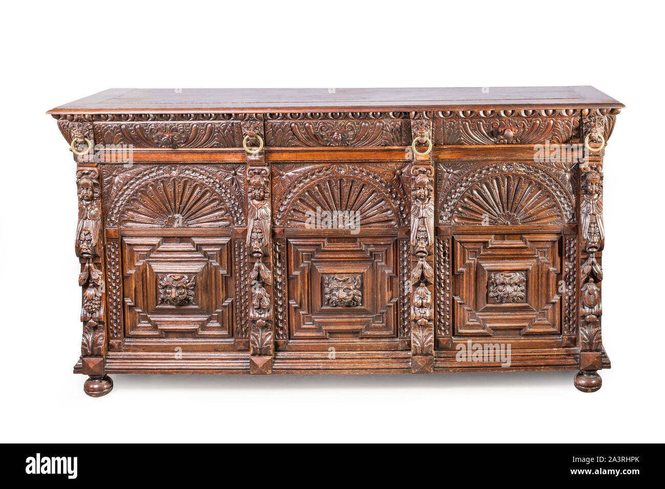 Old grungy wooden chest with beautiful and rich carving decoration. France Stock Photo