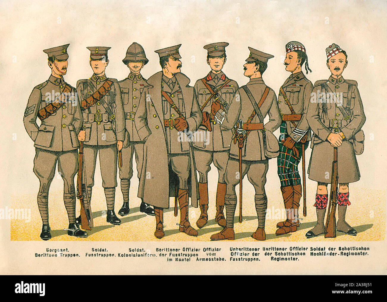 The uniforms of the English army in the field.  From left to right. 1. Sergeant. Mounted Troops. 2. Soldier. Foot troops. 3. Soldier. Colonial uniform Stock Photo