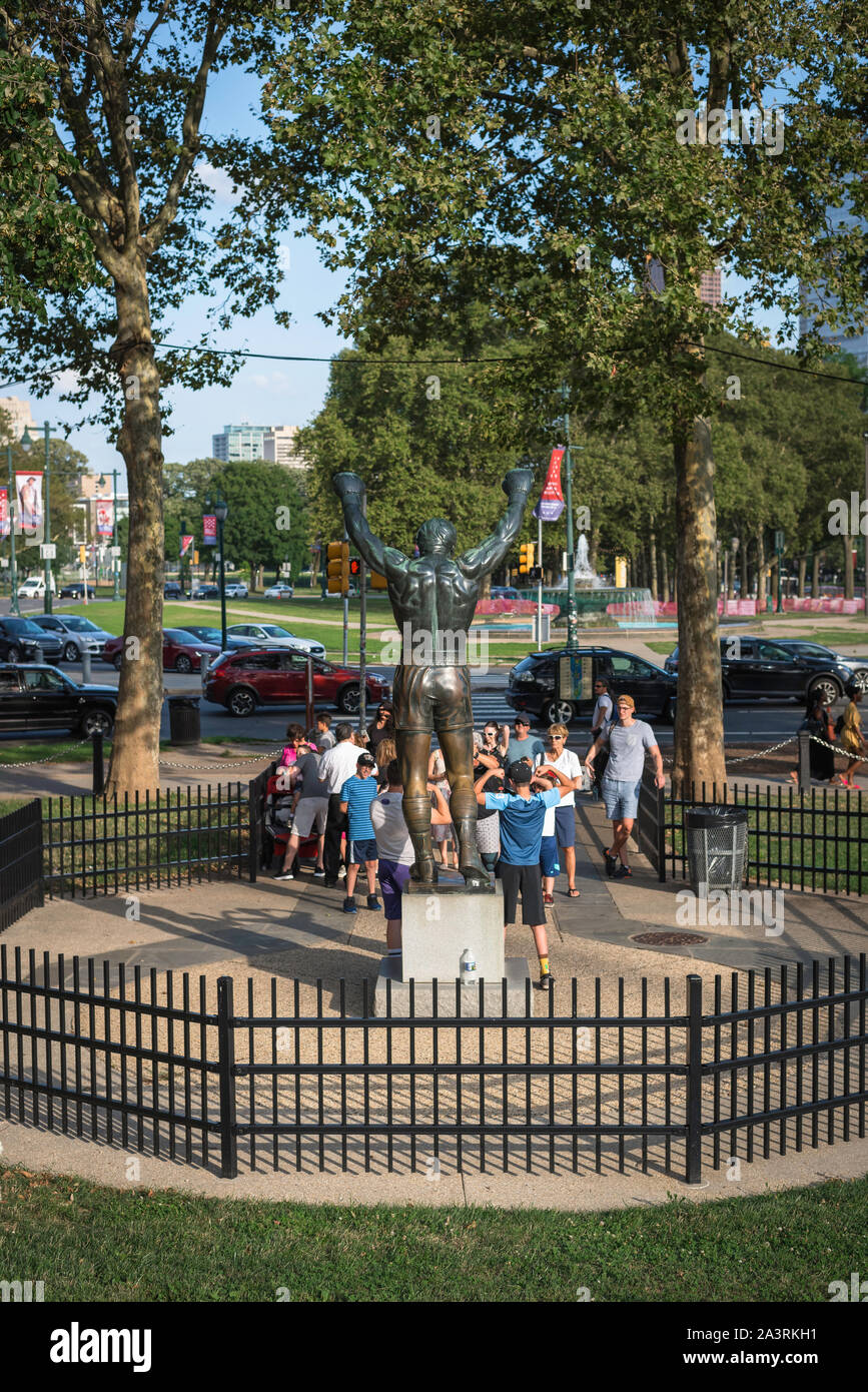 Philadelphia Rocky statue, rear view of the famous Rocky statue in