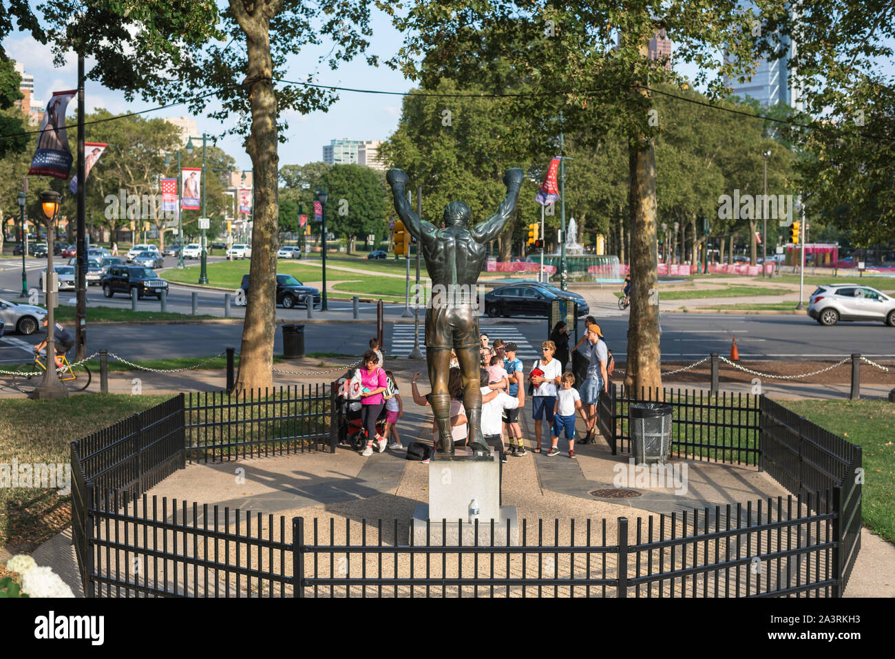 Rocky statue Philadelphia, rear view of the famous Rocky statue in Fairmount Park with tourists posing for photos, Philadelphia, Pennsylvania, PA, USA. Stock Photo