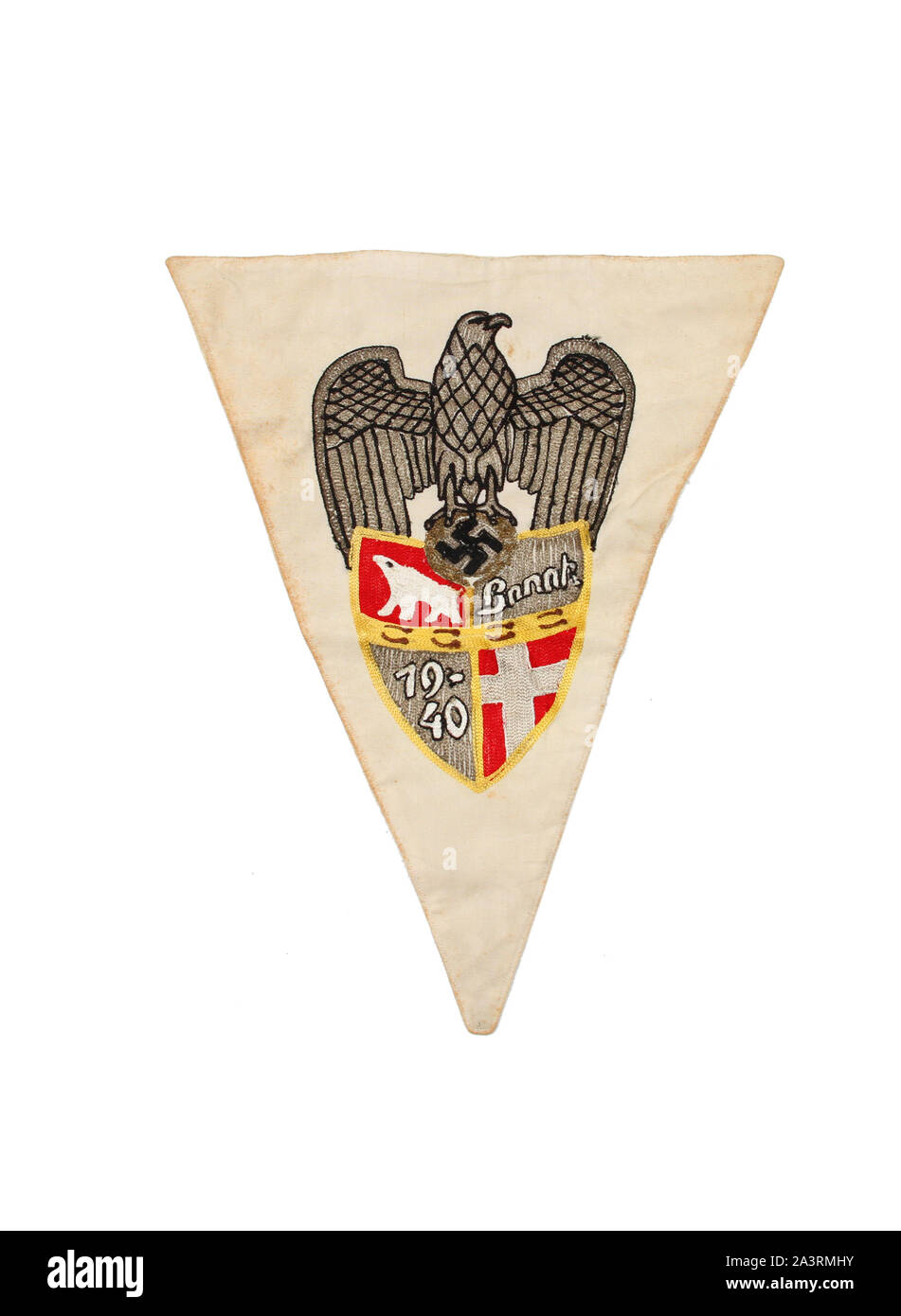 Second World War Pennant and Pin, Lapland Campaign. German WWII banner with matching pin, banner is sewn with brocade and silk. Stock Photo