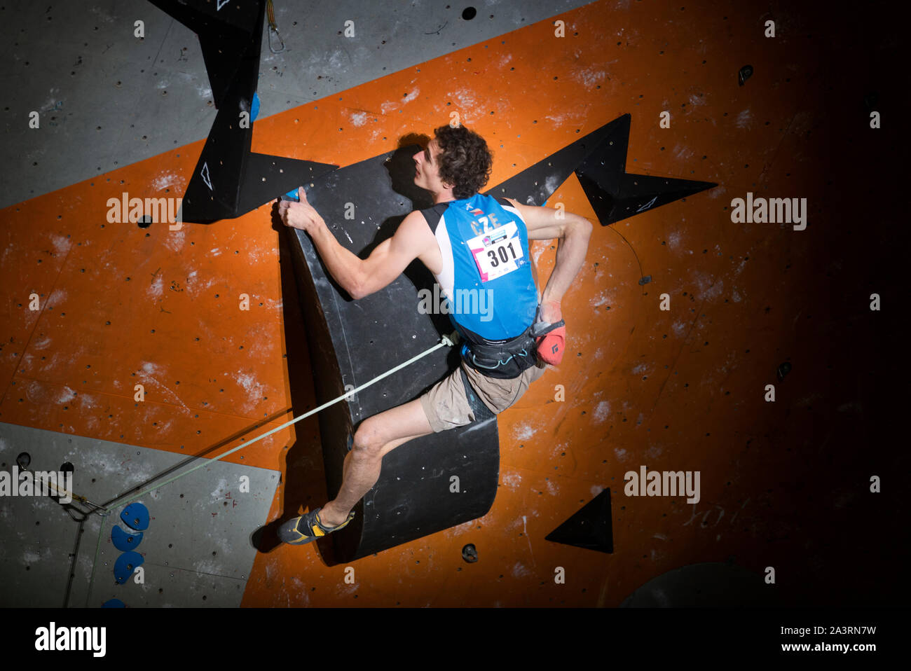 Adam Ondra of the Czech Republic wins the Lead during Combined Men's Final on at the IFSC Climbing World Championships at the Edinburgh International Stock Photo