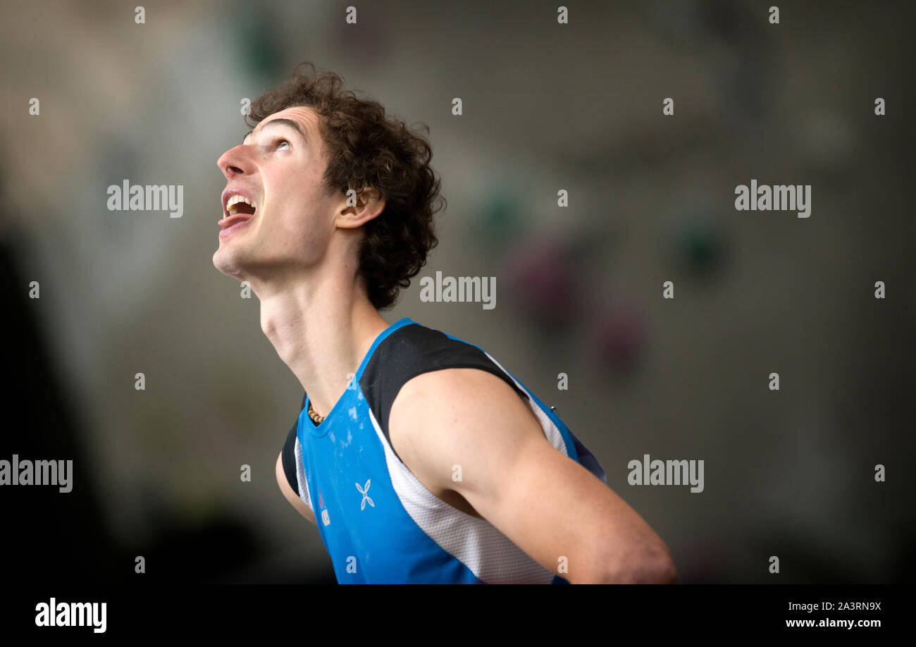 Adam Ondra of the Czech Republic wins the Lead during Combined Men's Final on at the IFSC Climbing World Championships at the Edinburgh International Stock Photo