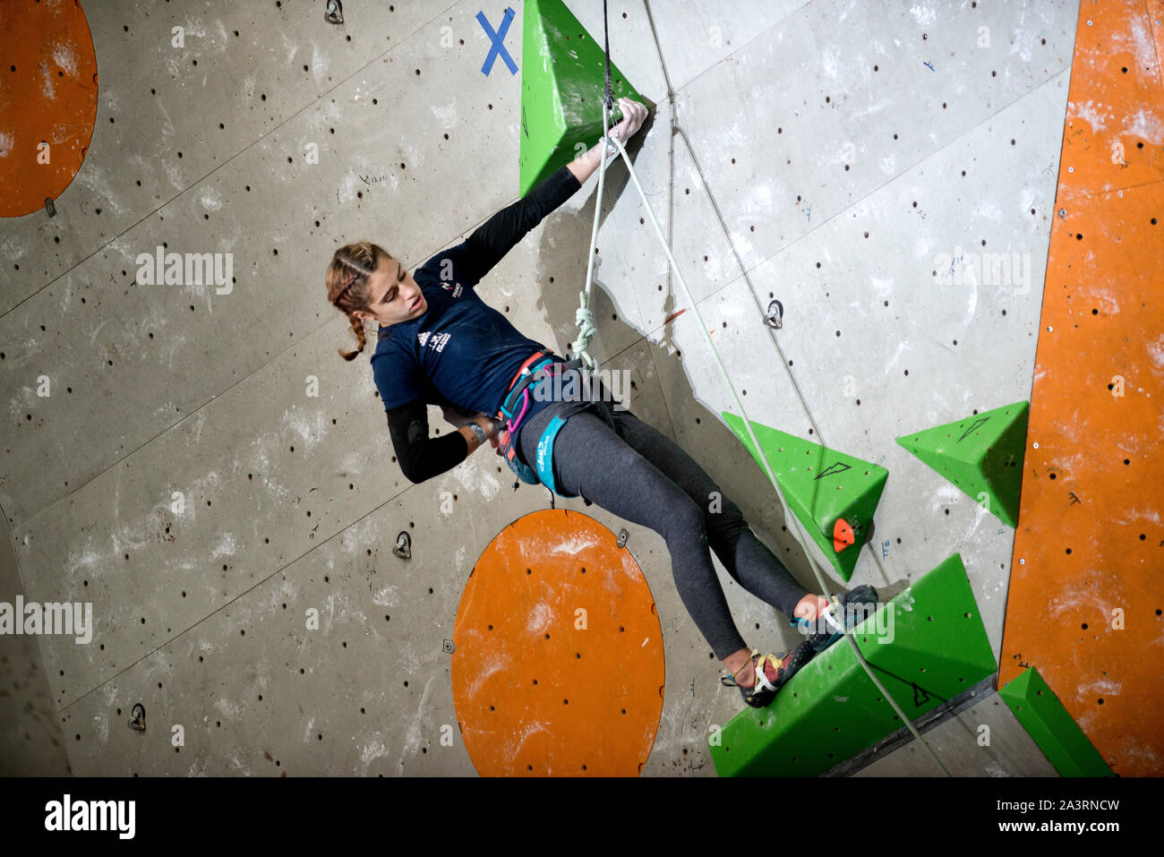 Luce Douady of France competes in the Lead climbing womans Final on at the IFSC Climbing World Championships at the Edinburgh International Climbing A Stock Photo