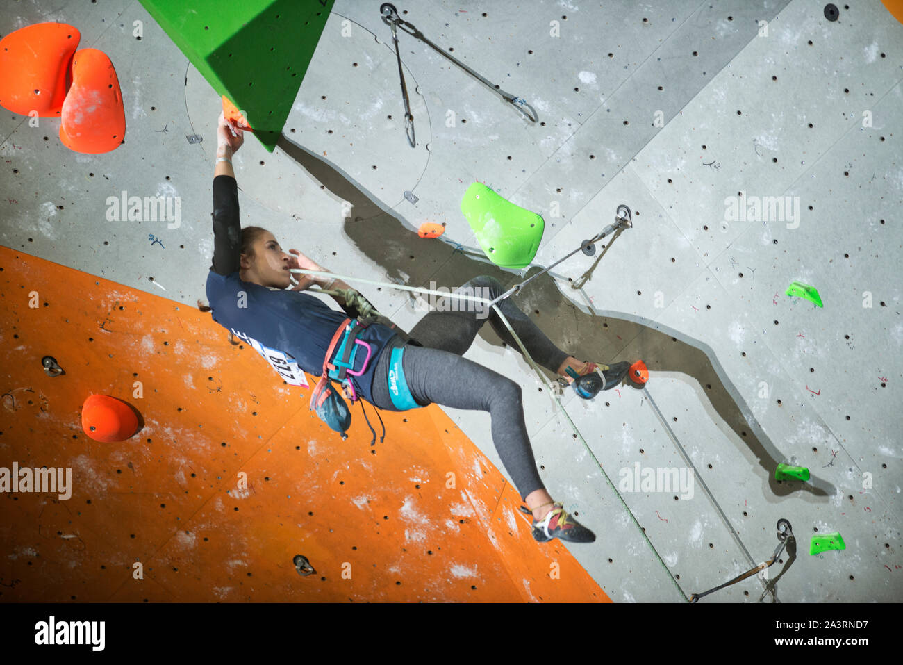 Luce  Douady of France competes in the Lead climbing womans Final on at the IFSC Climbing World Championships at the Edinburgh International Climbing Stock Photo