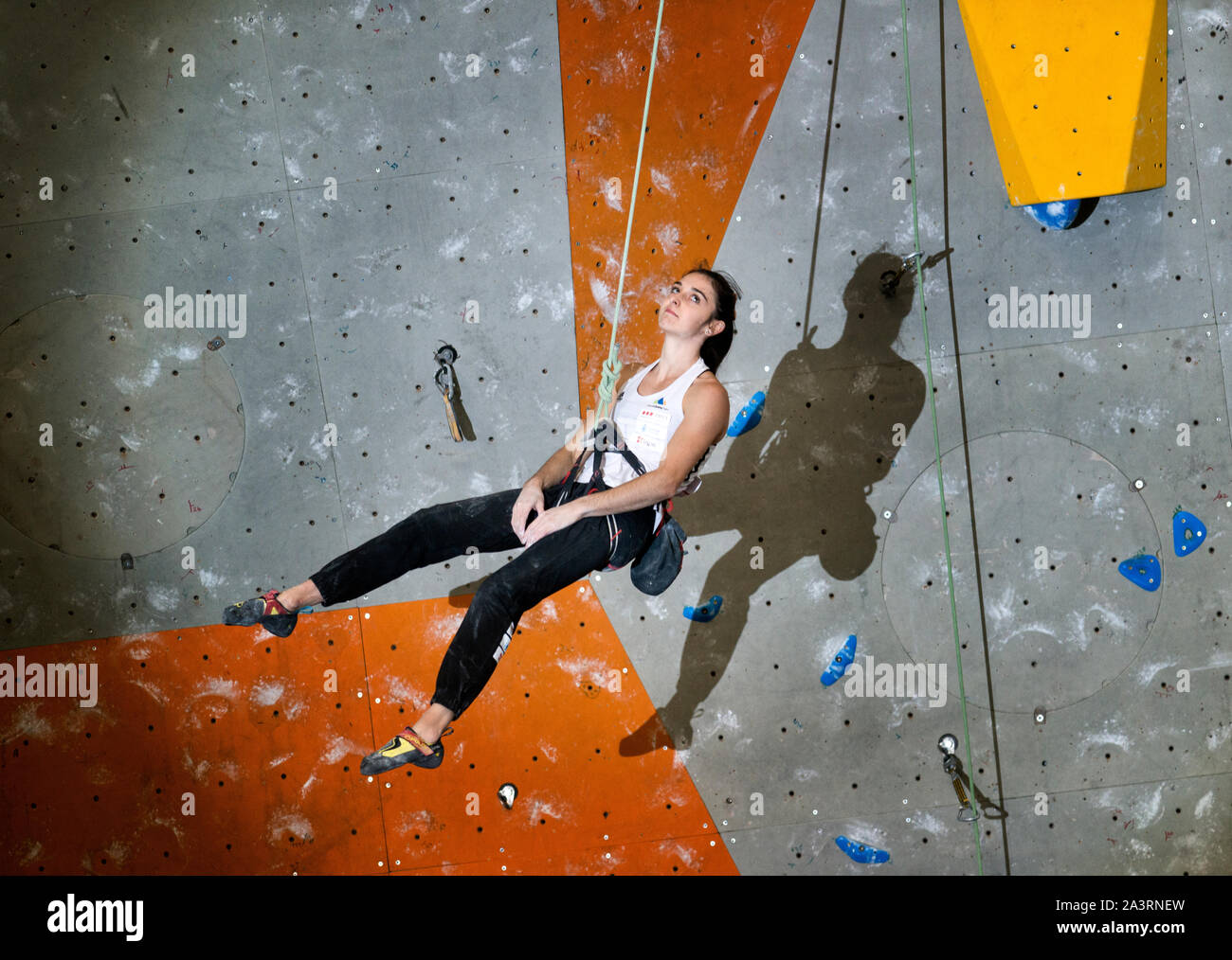 Mia Krampl of Slovenia competes in the Lead climbing womans Final on at the IFSC Climbing World Championships at the Edinburgh International Climbing Stock Photo