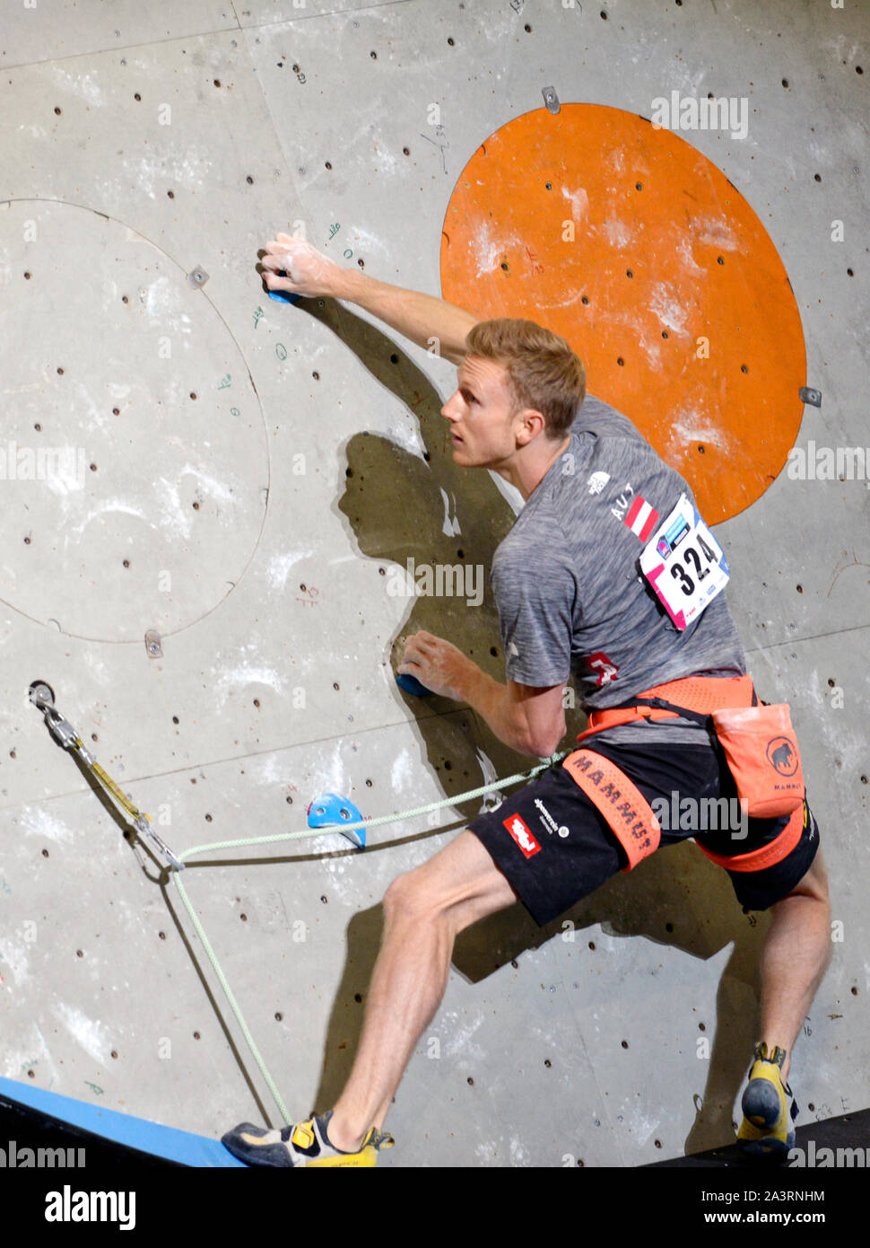 Jakob Schubert of Austria competes in the Lead climbing Mens Final on at the IFSC Climbing World Championships at the Edinburgh International Climbing Stock Photo