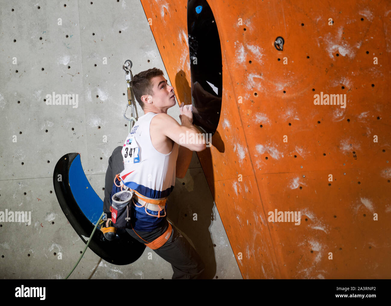 James Pope of Great Britain competes in the Lead climbing Mens Final on at the IFSC Climbing World Championships at the Edinburgh International Climbi Stock Photo