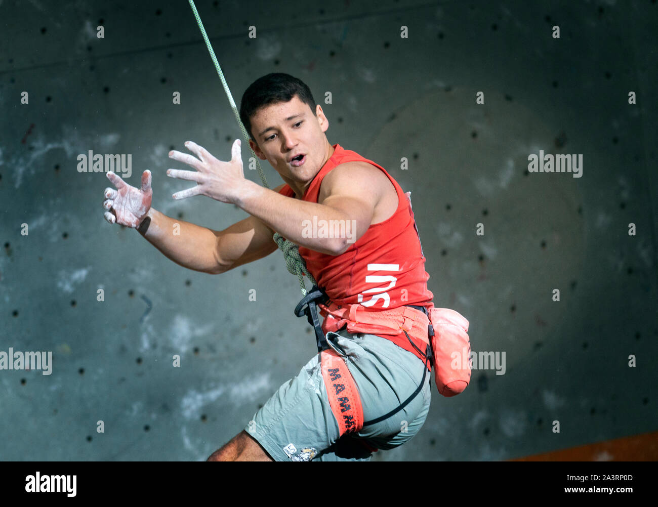 Alberto Gines Lopez of Spain competes in the Lead climbing Mens Final on at the IFSC Climbing World Championships at the Edinburgh International Climb Stock Photo