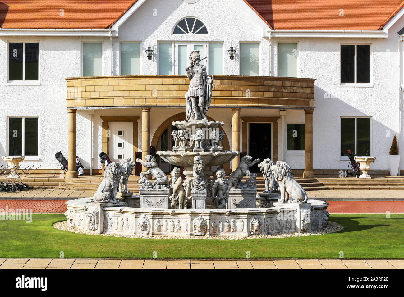 Ornate fountain at the front facade of the clubhouse of Trump Turnberry golf club, Turnberry, Ayrshire, Scotland, UK Stock Photo