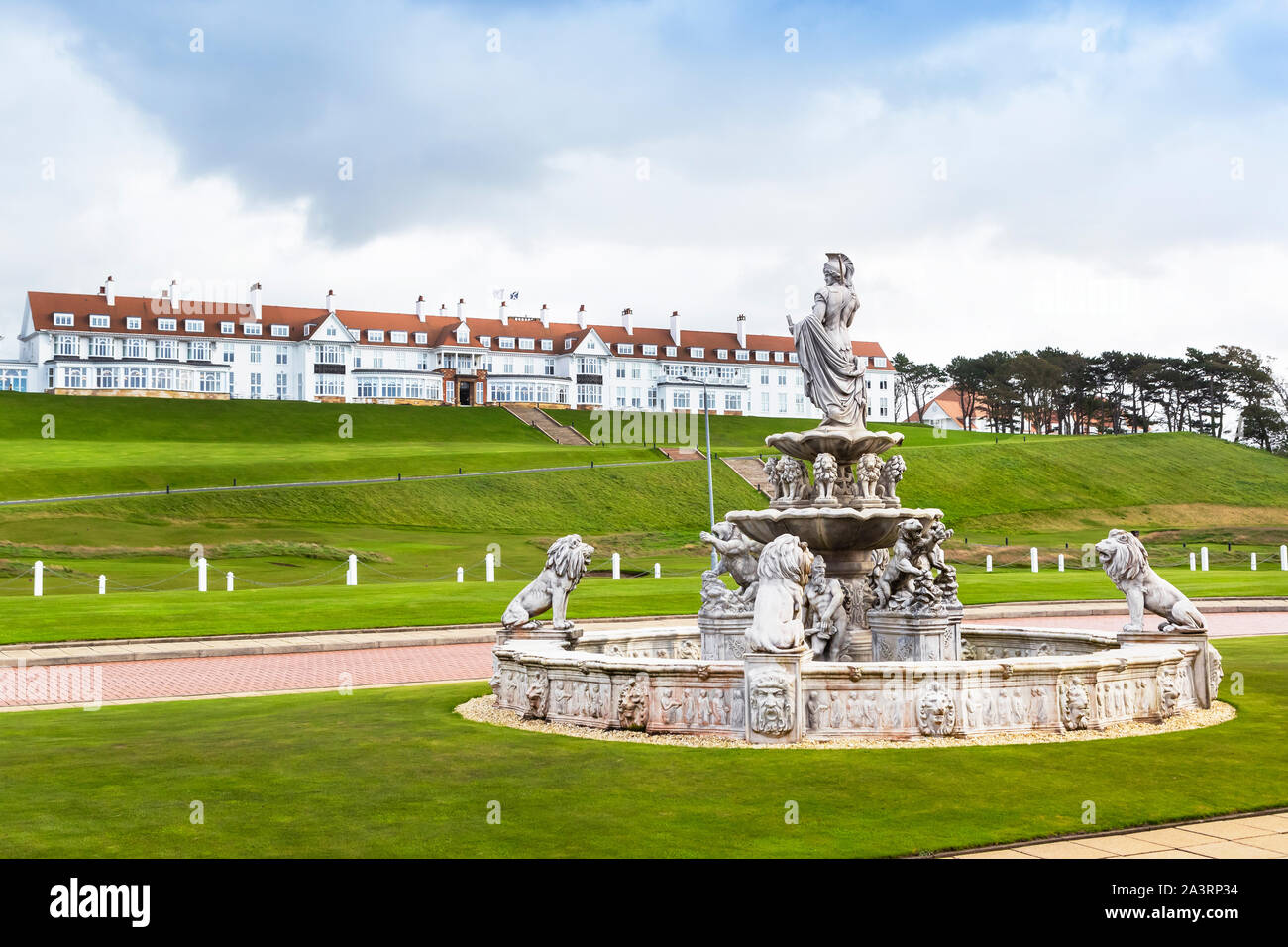 View from the golf clubhouse to the hotel complex with the ornate fountain in the foreground, Trump Turnberry Hotel and Golf complex, Turnberry, Stock Photo