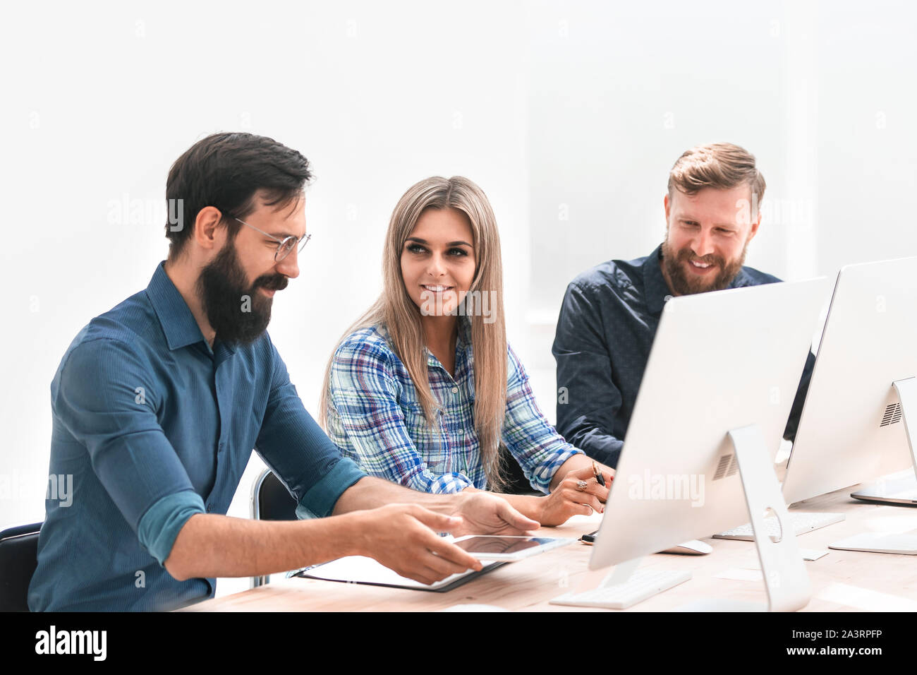 business team uses gadgets for office work Stock Photo