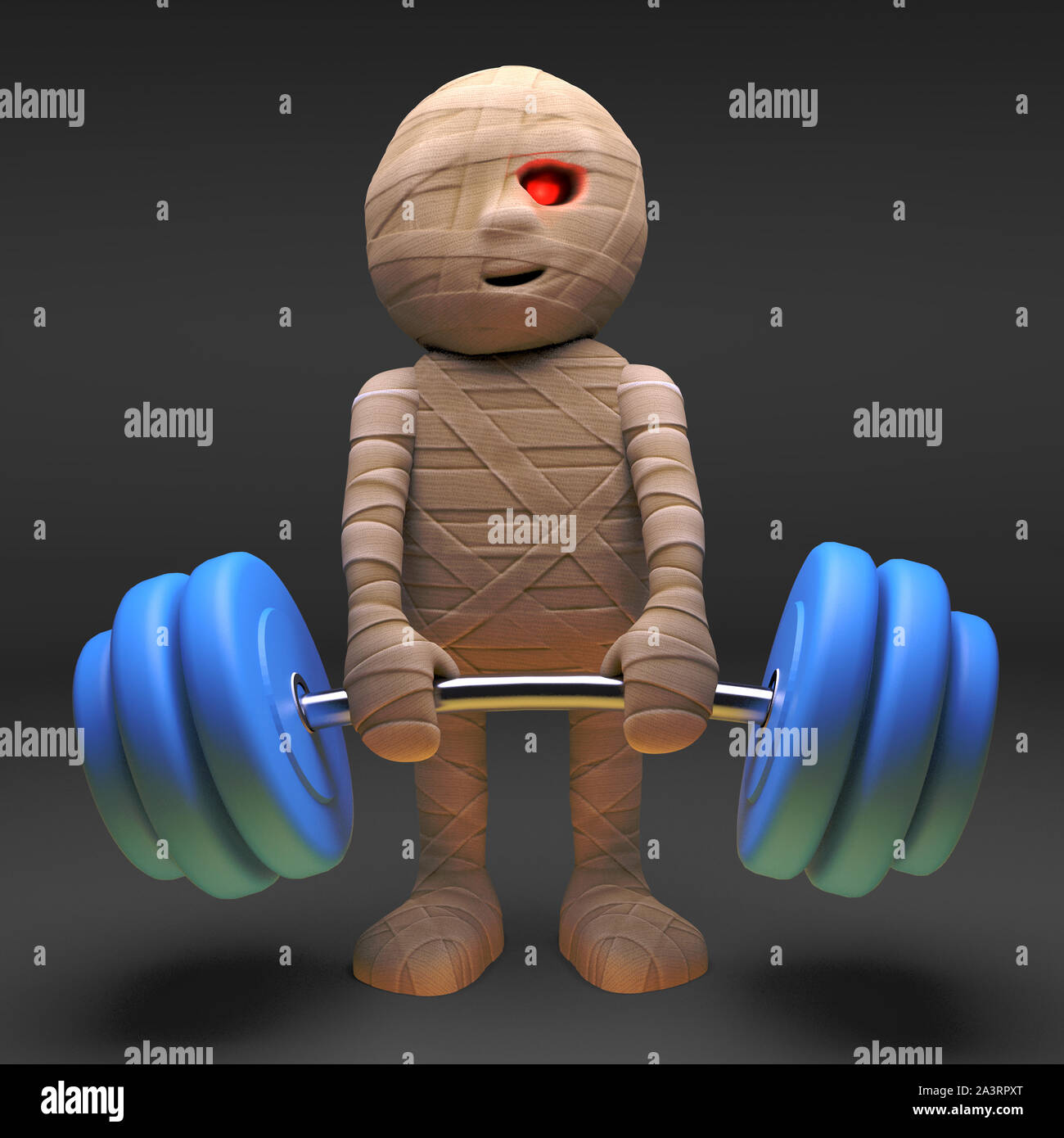 Egyptian mummy monster is doing some bodybuilding with weights, 3d illustration render Stock Photo