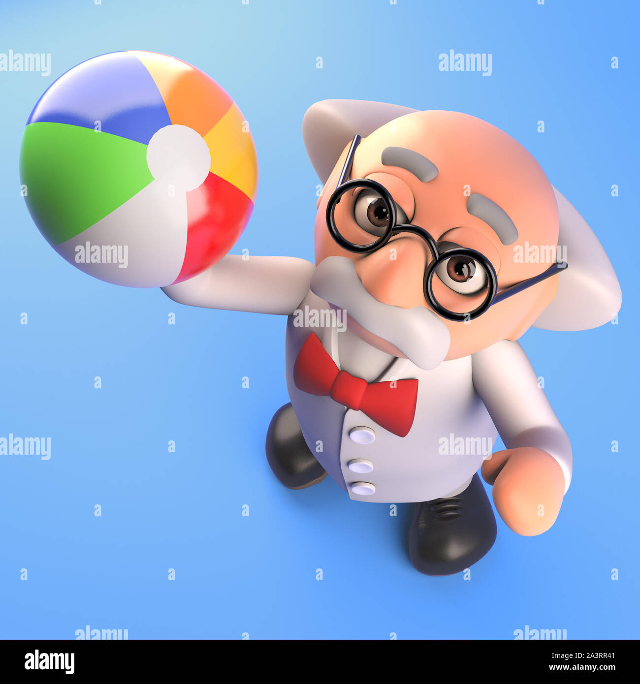 Playful mad scientist professor throws a beach ball, 3d render illustration Stock Photo