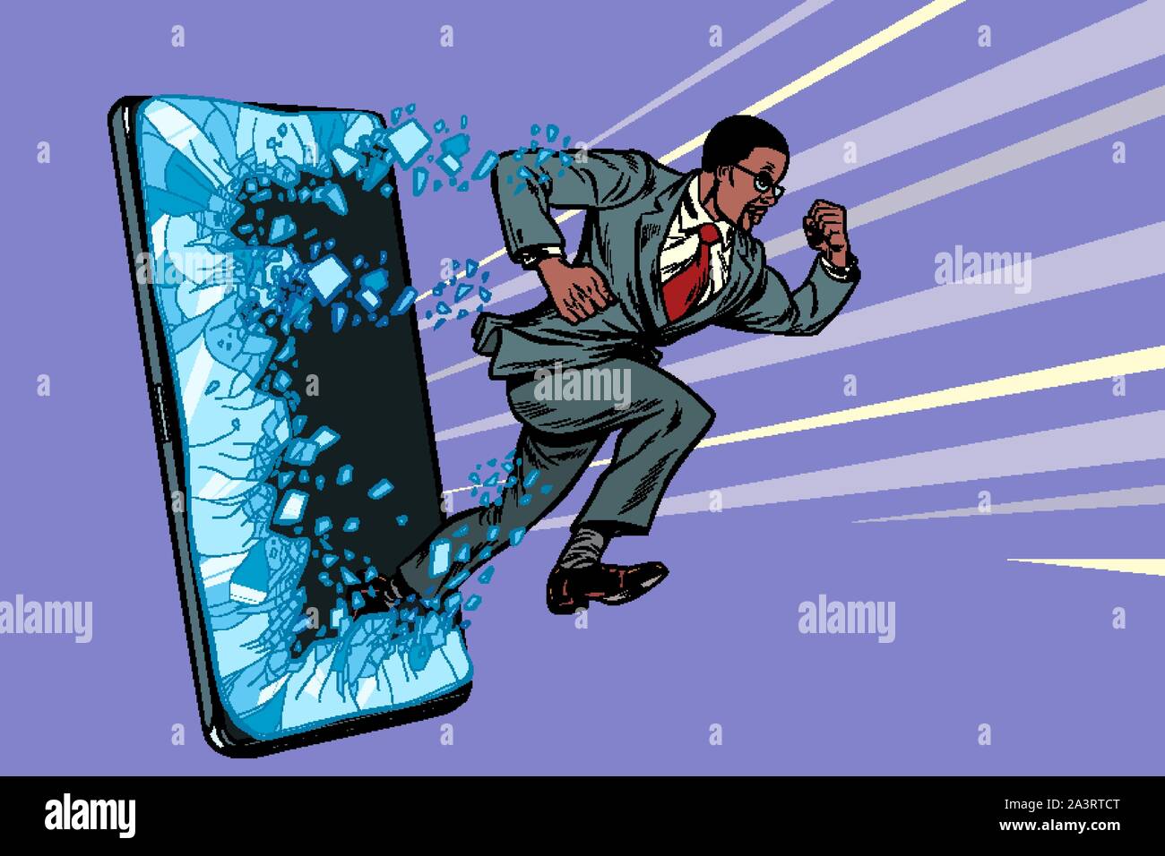 african businessman punches the screen Phone gadget smartphone. Online Internet application service program. Pop art retro vector illustration drawing Stock Vector