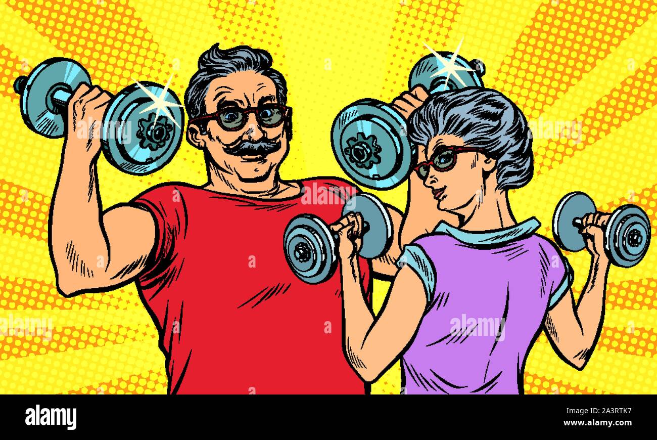 an elderly man and woman grandma grandpa retired in sports, fitness dumbbell. Pop art retro vector illustration drawing vintage kitsch Stock Vector