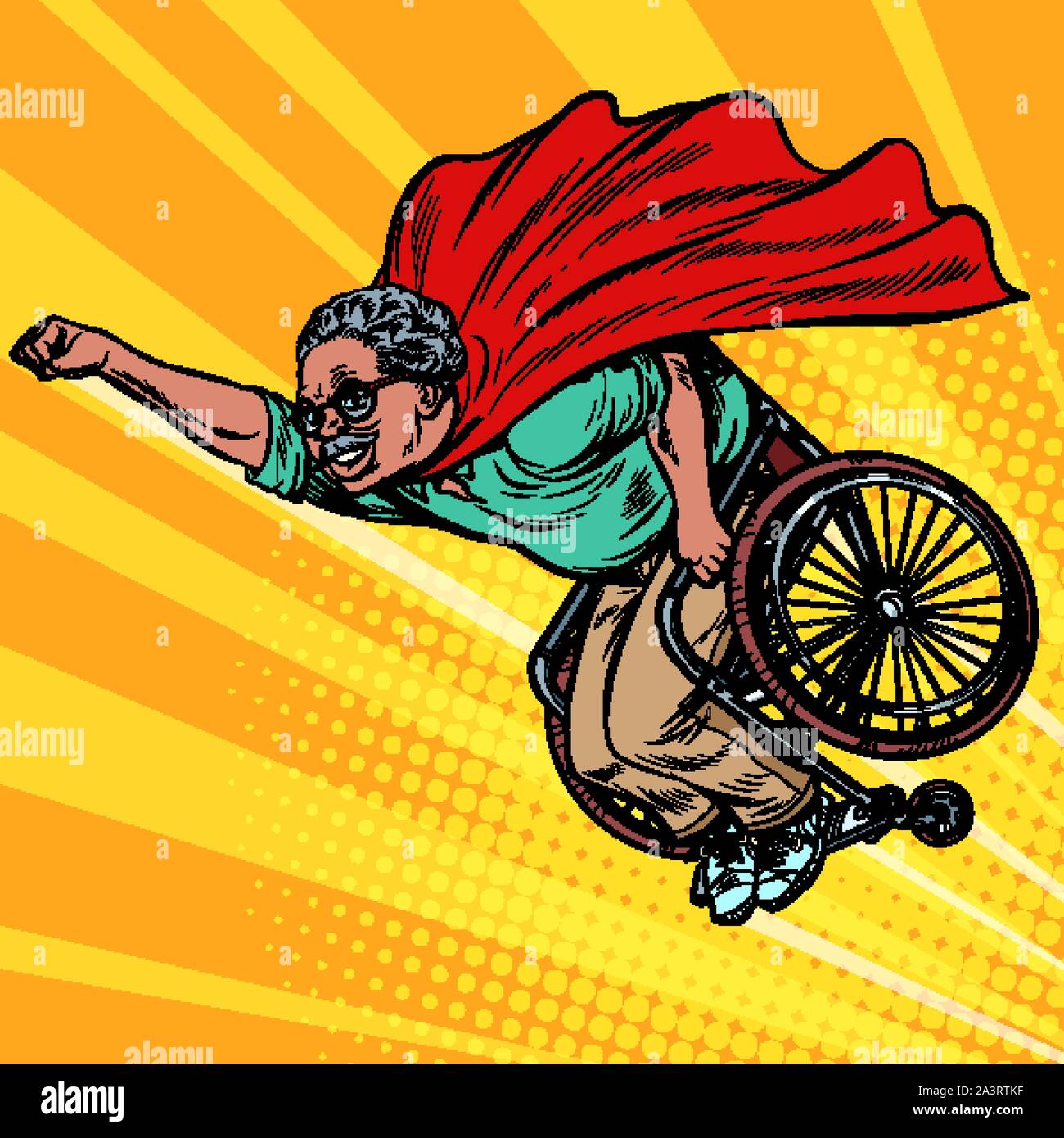 african man retired superhero disabled in a wheelchair. Health and longevity of older people. Pop art retro vector illustration drawing vintage kitsch Stock Vector