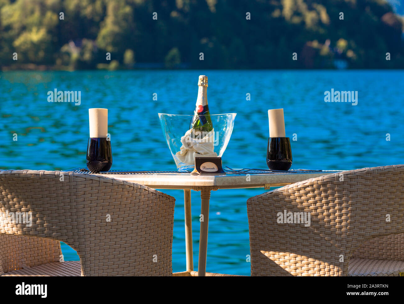 Table for two in eastern europe. Lake Bled, Slovenia. Stock Photo