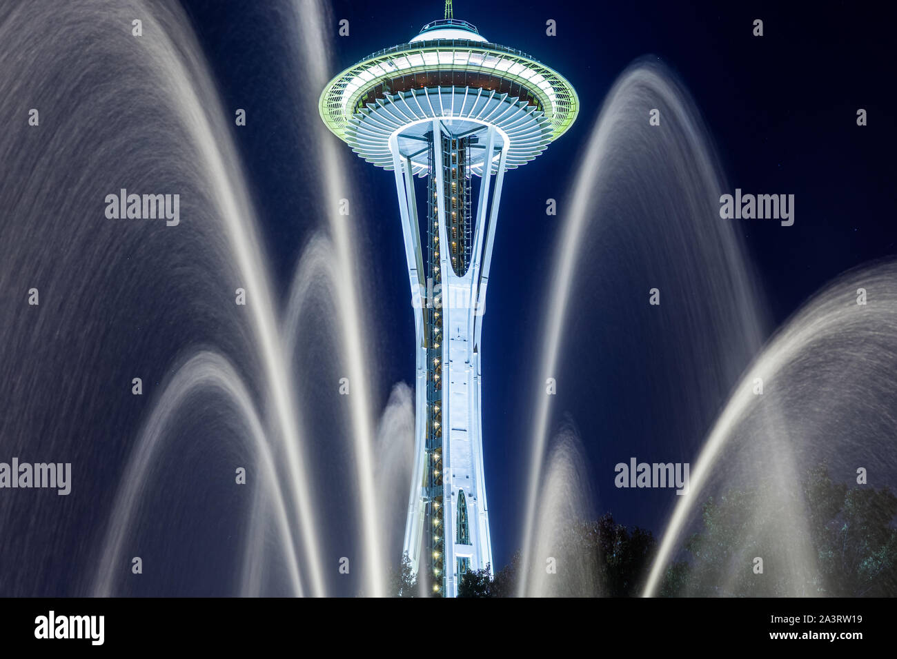 The Space Needle at Seattle Center with fountain in foreground, at