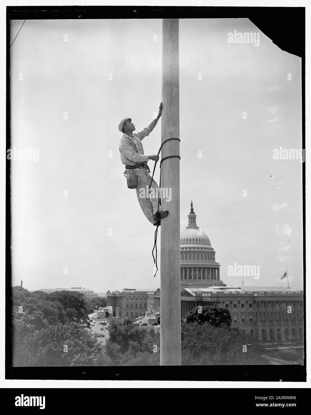 Tarzan paints the Senate flagpole. Washington, D.C., July 11. There comes a time each year when things around Capitol Hill need a bit of fresh paint, flagpoles no exception. Here is the flagpole over the Senate Office Building getting its new paint job, curiously enough, from a steeple-jack named Tarzan--Jack Tarzan Stock Photo