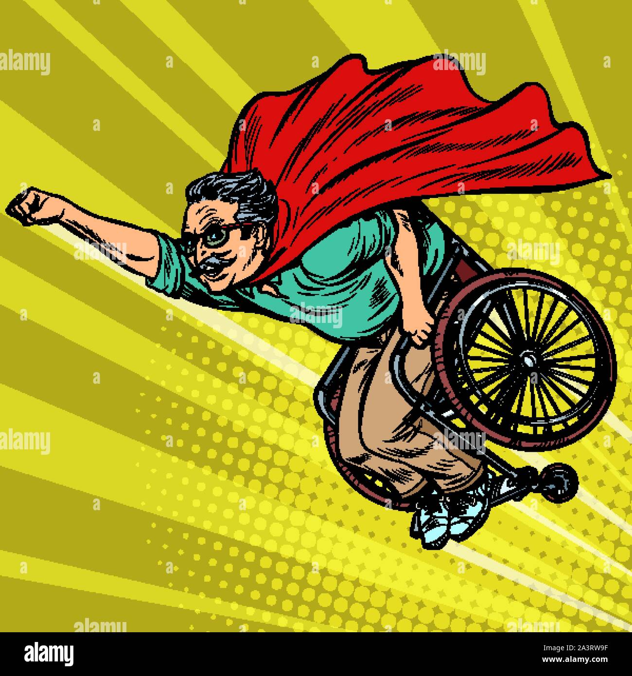 man retired superhero disabled in a wheelchair. Health and longevity of older people. Pop art retro vector illustration drawing vintage kitsch Stock Vector
