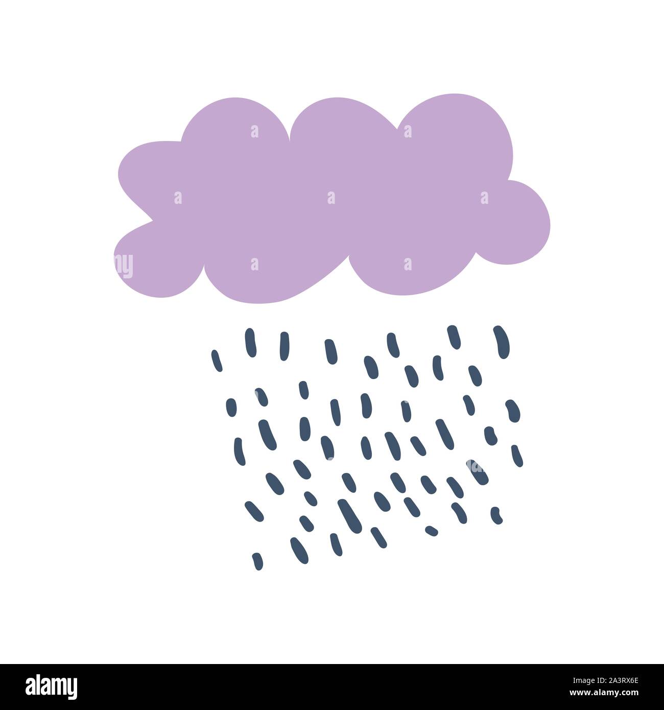 Cute vector poster or card with lilac cloud and rain drops. Modern style kids poster in Scandinavian style. Good for children, baby nursery design and Stock Vector