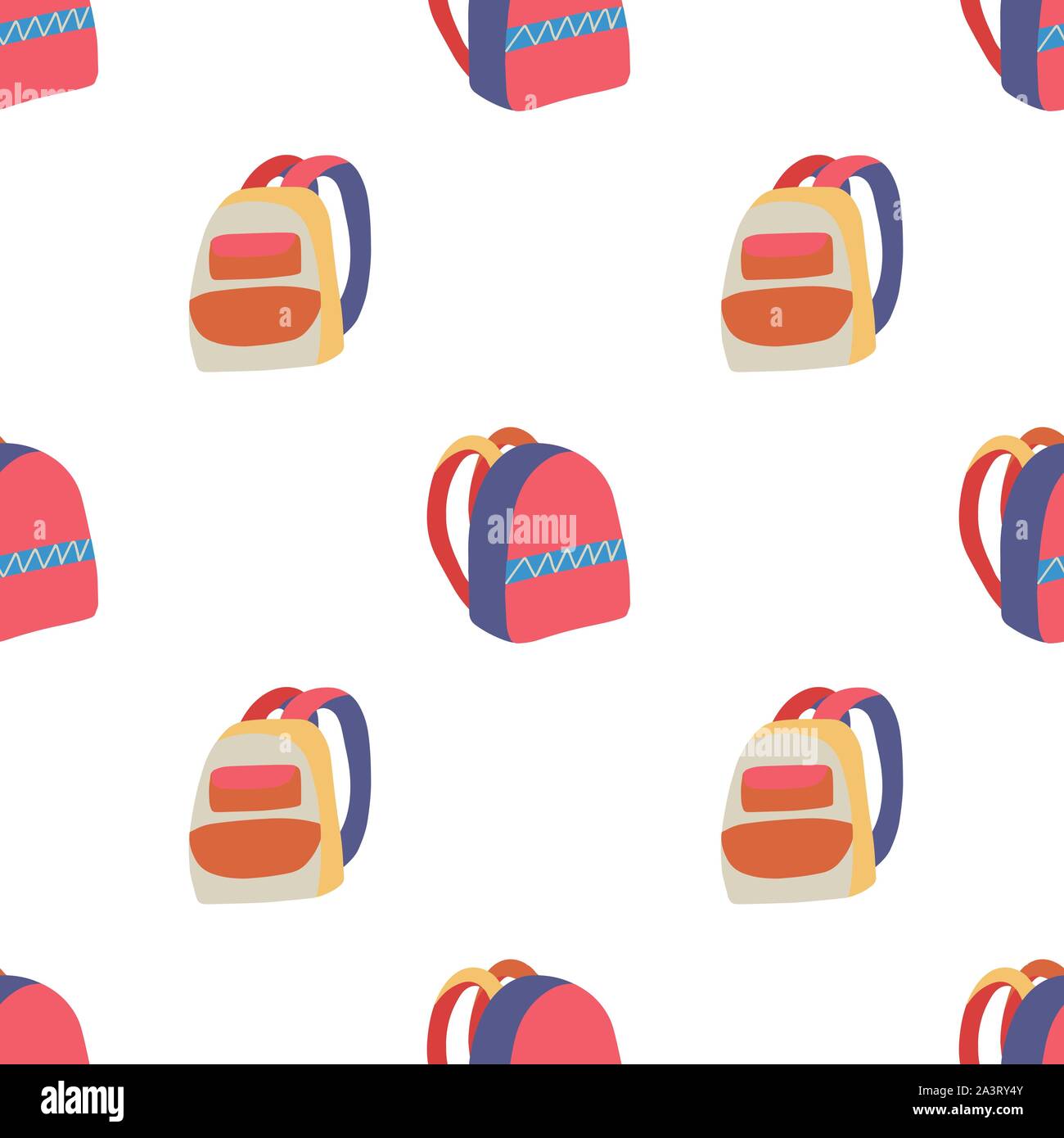 Modern doodle seamless pattern with two backpack, multicolor on white background for web and fabric design. Vector flat design. Stock Vector