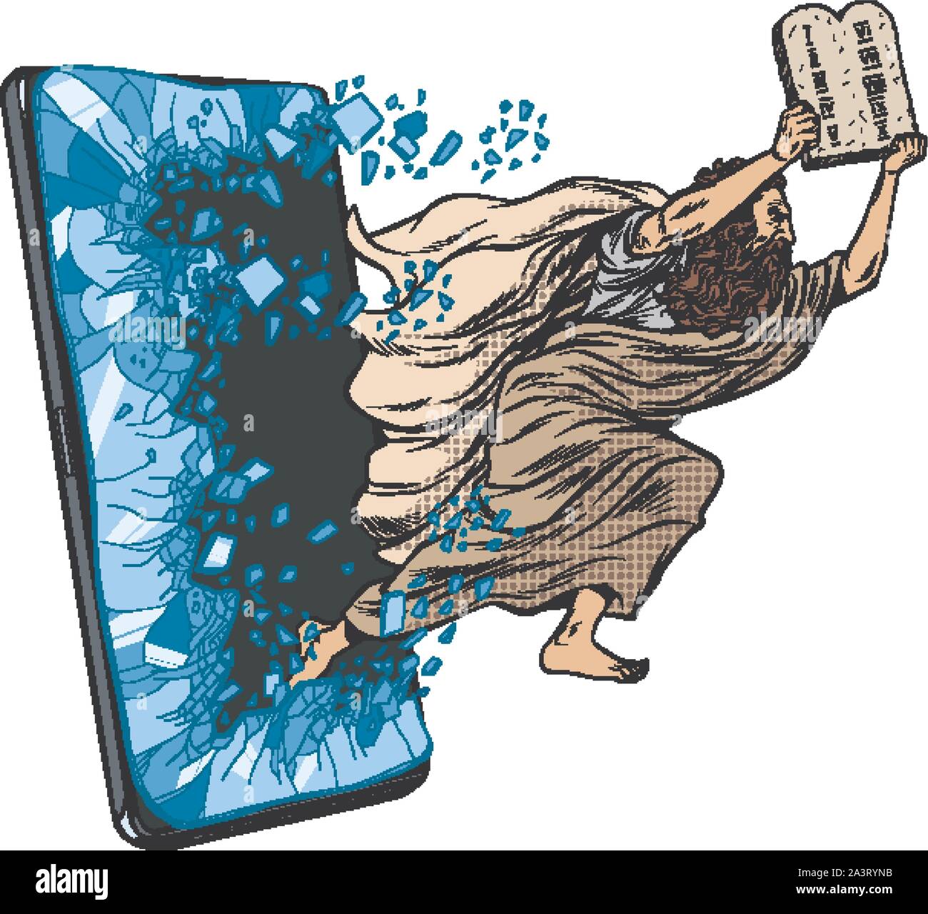 Moses the prophet with the tablets of commandments. Christian online news concept. Phone gadget smartphone. Online Internet application service progra Stock Vector