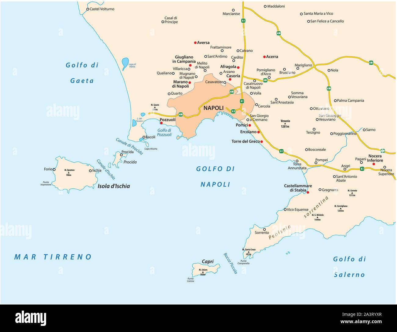 Map of the gulf of naples in italian language Stock Vector