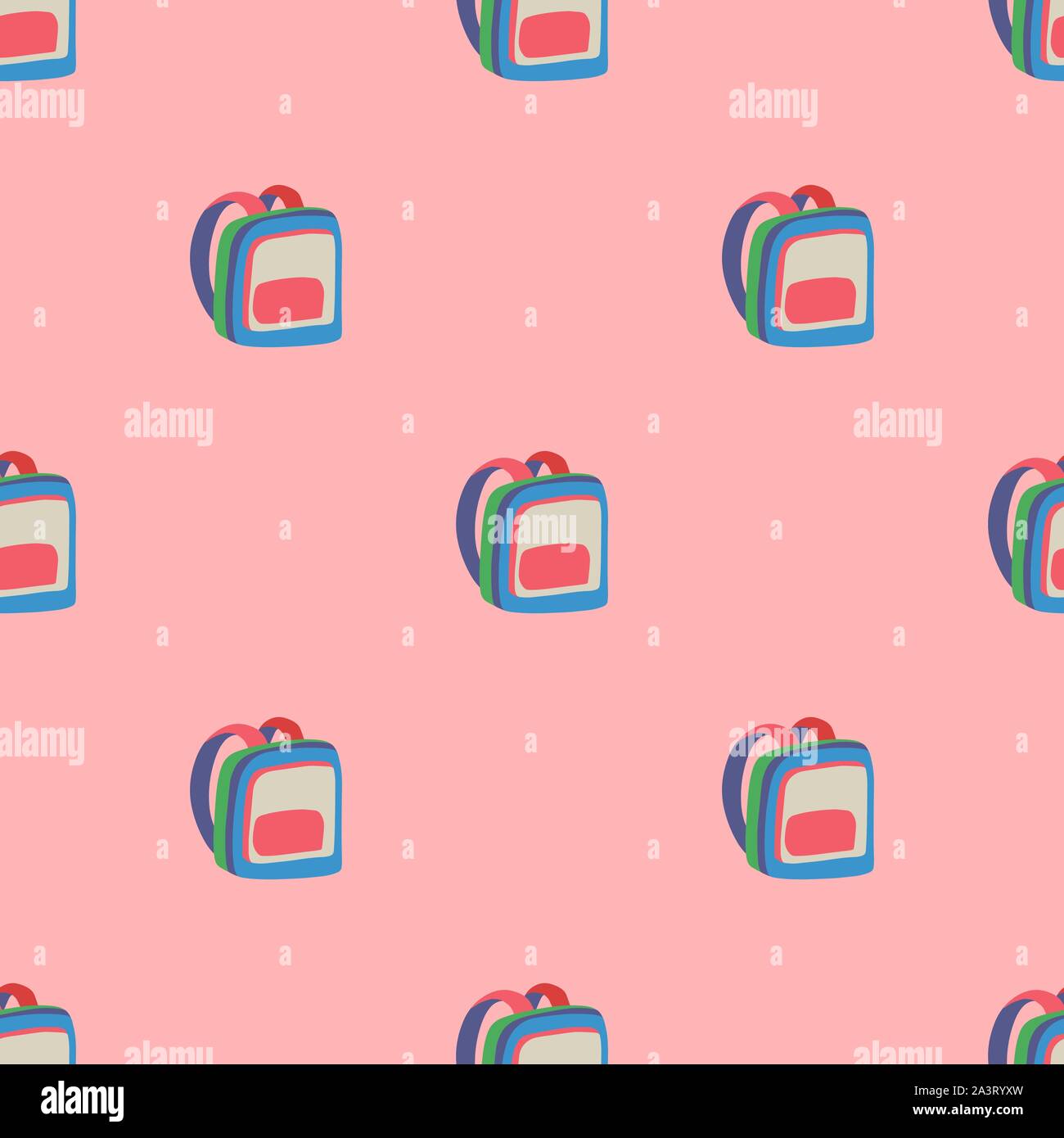 Cartoon illustration with seamless pattern with multicolor backpack on pink background for print design. Modern colorful flat decoration vector elements. Stock Vector