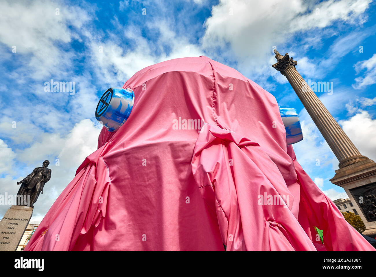 London, U.K. - Oct 9, 2019: An octopus placed by environmental campaigners from Extinction Rebellion in Trafalgar Square on the third day of a planned two weeks of protests. Stock Photo