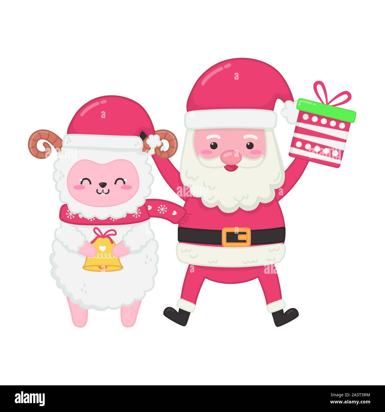 cute santa with gift and sheep hoding bell merry christmas vector illustration Stock Vector