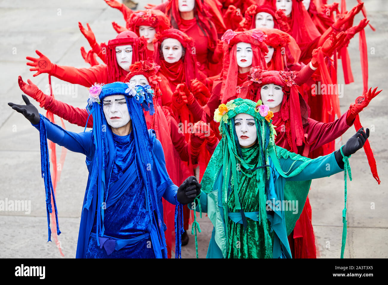 London, U.K. - Oct 9, 2019: Costumed environmental campaigners from Extinction Rebellion during a silent protest in Trafalgar Square on the third day of a planned two weeks of protests. Stock Photo