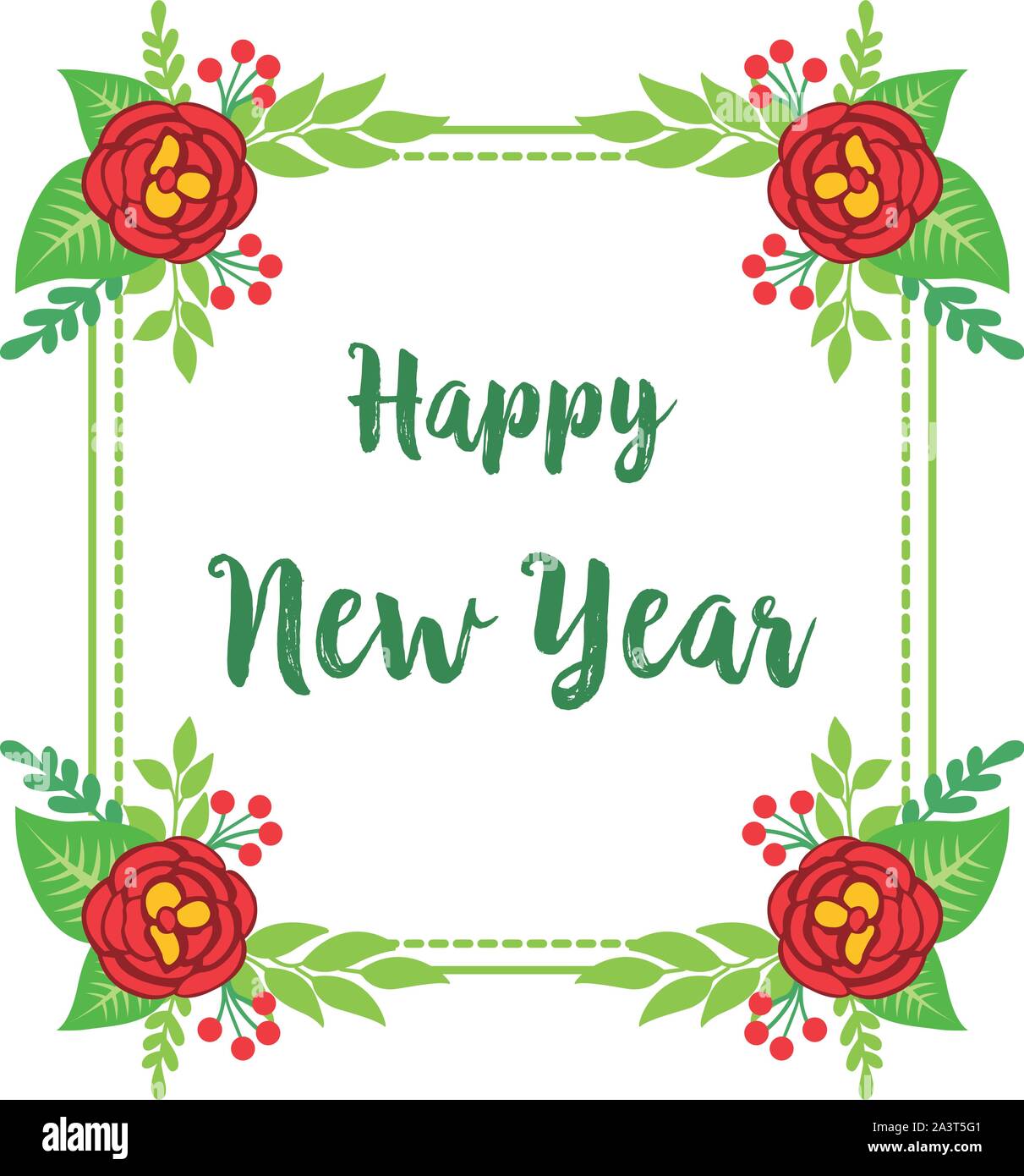 Text happy new year, with nature red rose flower frame. Vector Stock ...