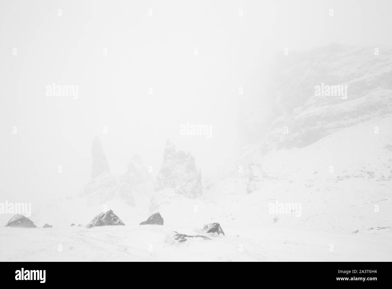 Old Man of Storr in a blizzard, Isle of Skye Stock Photo