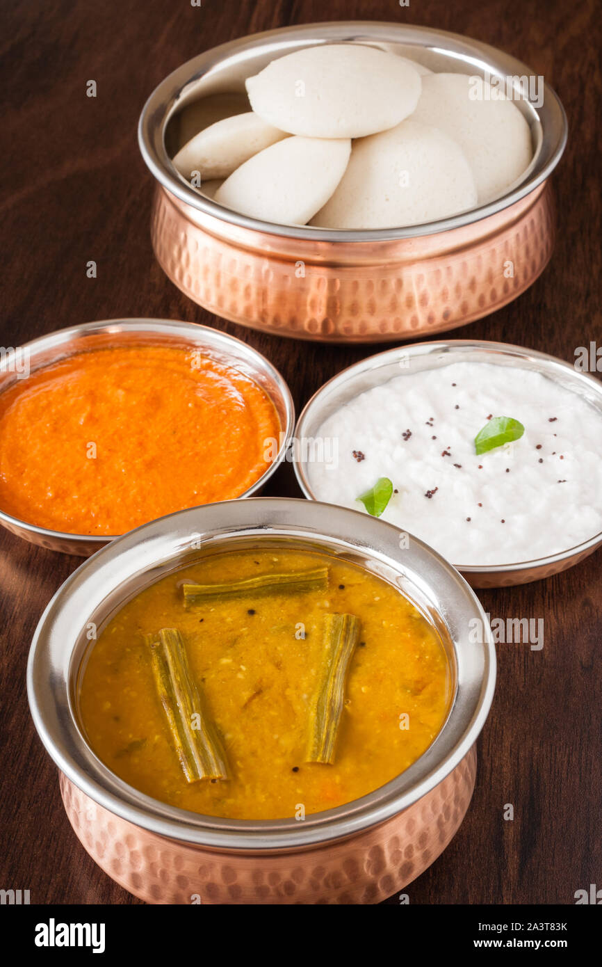 Indian idly with chutney and sambar Fresh steamed Indian Idly (Idli