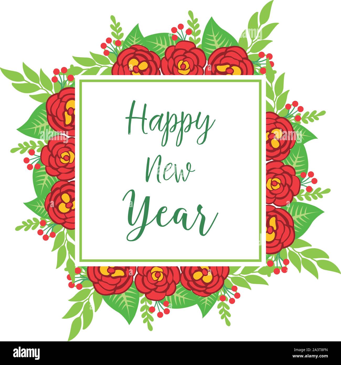 Lettering text happy new year, with ornament of red rose flower frame ...