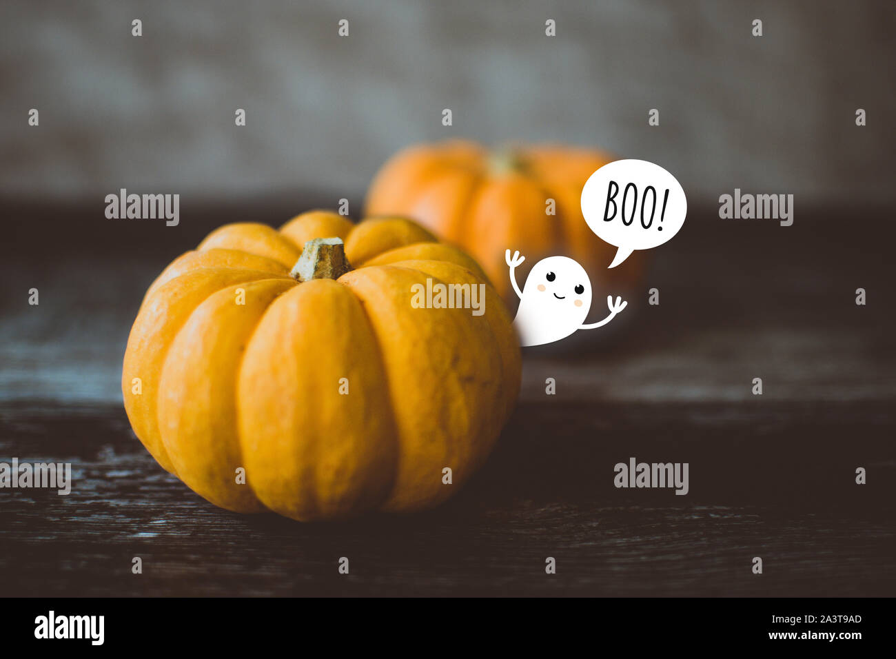 a cute ghost hidden behind a pumpkin jumps out and shouts BOO! Stock Photo