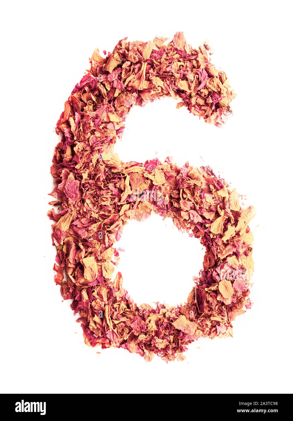 Number 6, made of rose petals, isolated on white background. Food typography. Design element. Stock Photo