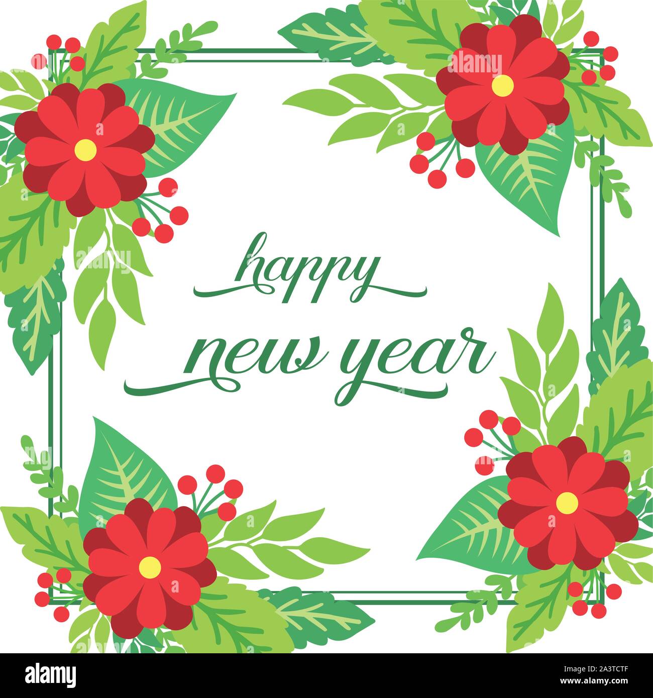 Design for poster happy new year, with plant of red flower frame ...