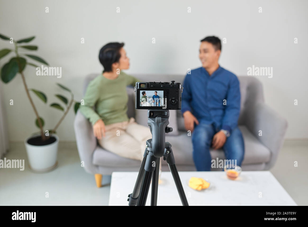 Asian couple blogger enjoy communication lives with camera house ...