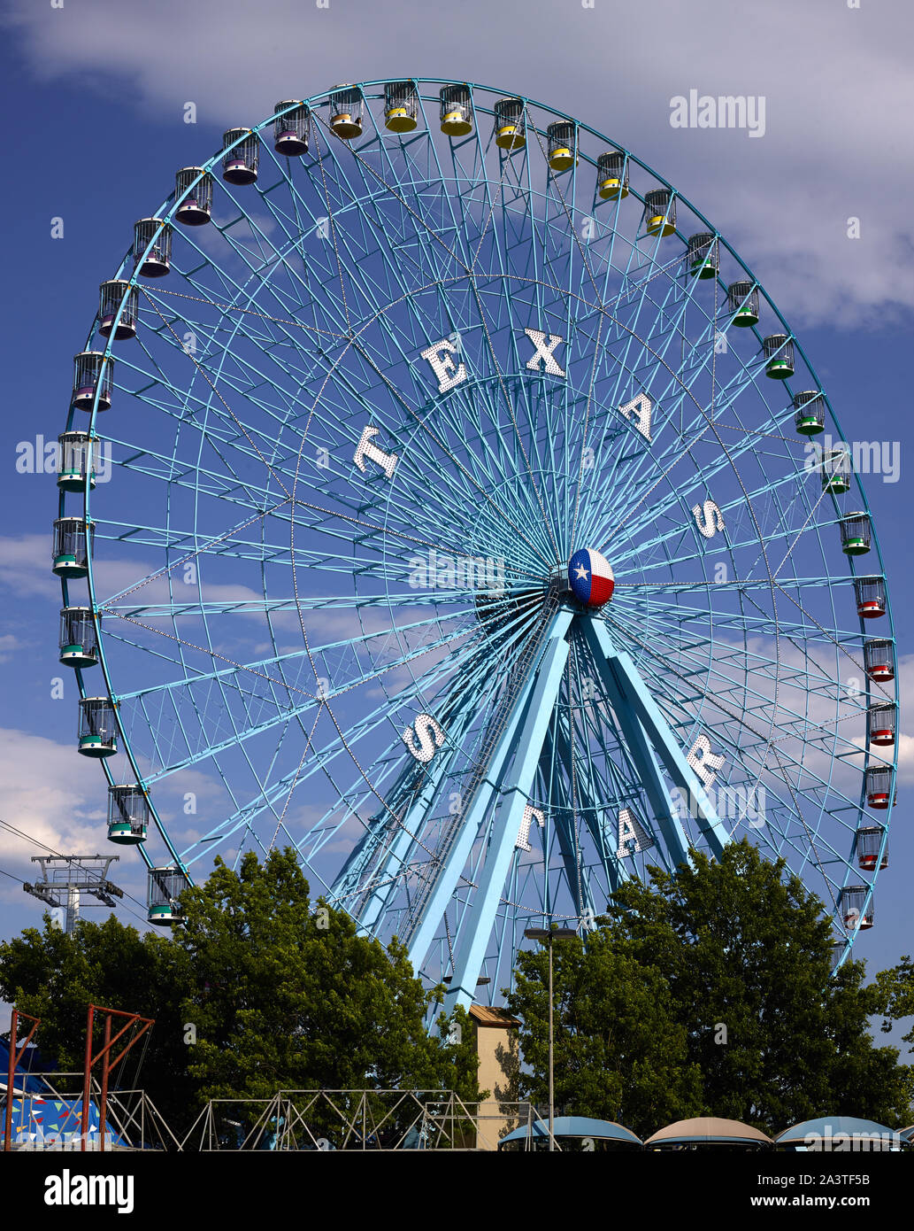 Texas Star, the 212-foot Ferris wheel that supplies a bird's-eye view of the State Fair of Texas each fall at Dallas's Fair Park, site of the 1936 Texas Centennial Exposition Stock Photo