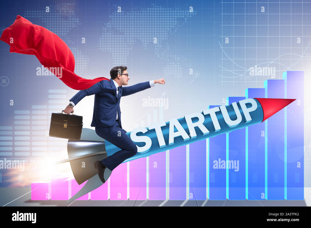 The superhero businessman in start-up concept flying rocket Stock Photo ...