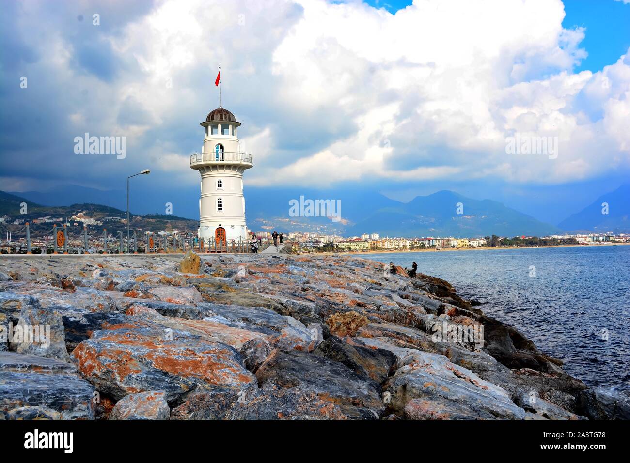 Alanya Harbour in early Spring before the new season starts. Boats are being refurbed & lovers attach locks to the harbour barriers to show their love Stock Photo