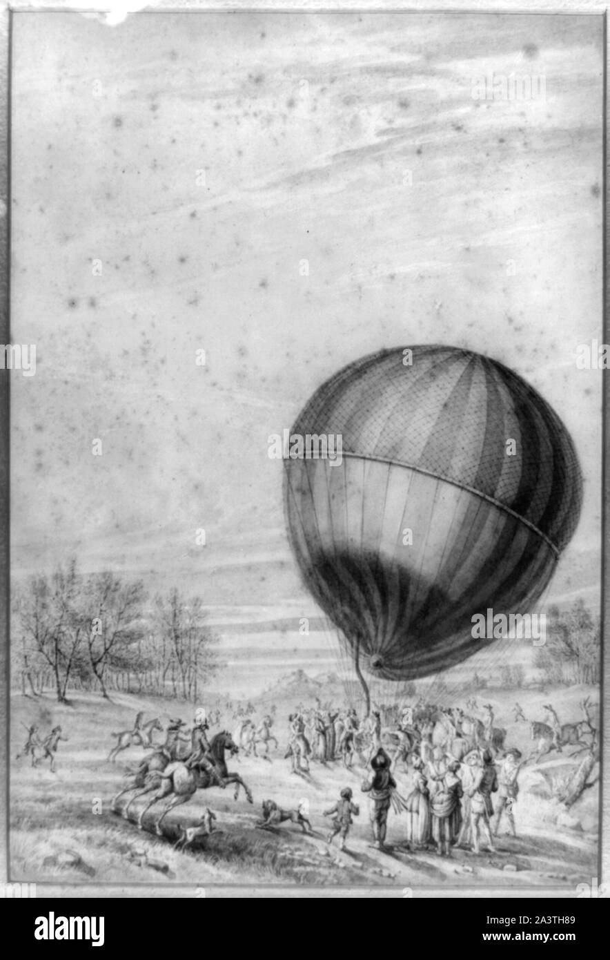 The  'Aerostatic globe' balloon, belonging to Jacques Charles and Marie-Noel Robert, descending on the plain of Nesle, near Beaumont, France Drawing shows descent of the first manned hydrogen gas balloon flight, which departed from Paris, France on Dec. 1, 1783. Among the spectators in left foreground are the Duke de Chartres and the Duke de Fitz-James. Stock Photo