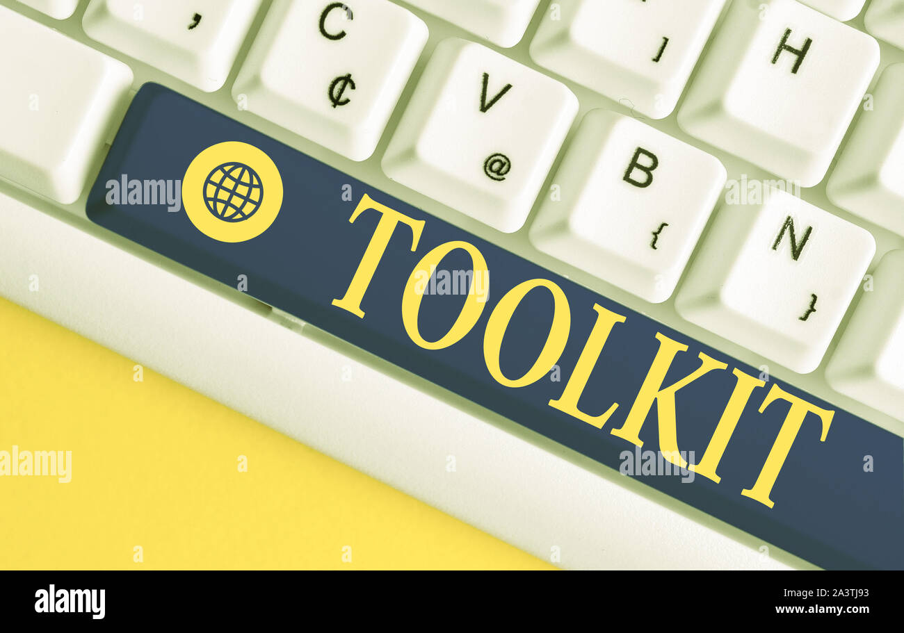 Text sign showing Toolkit. Business photo showcasing set of tools kept ...