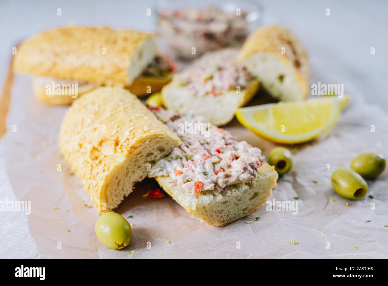 Tuna Salad Sandwiches And Green Olives Stock Photo Alamy